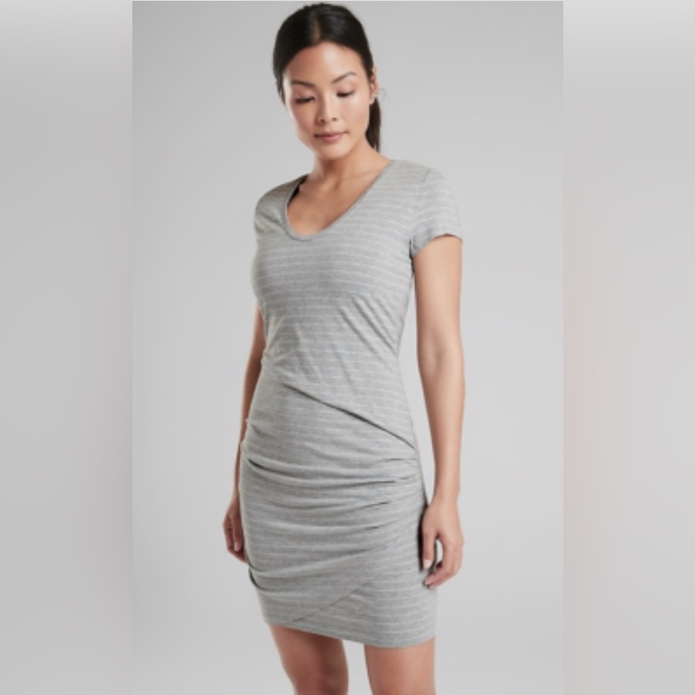 ATHLETA center stripe light, Heather gray V-neck T-shirt dress, size medium